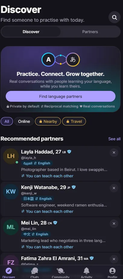 Peerify Discover screen showing recommended language partners